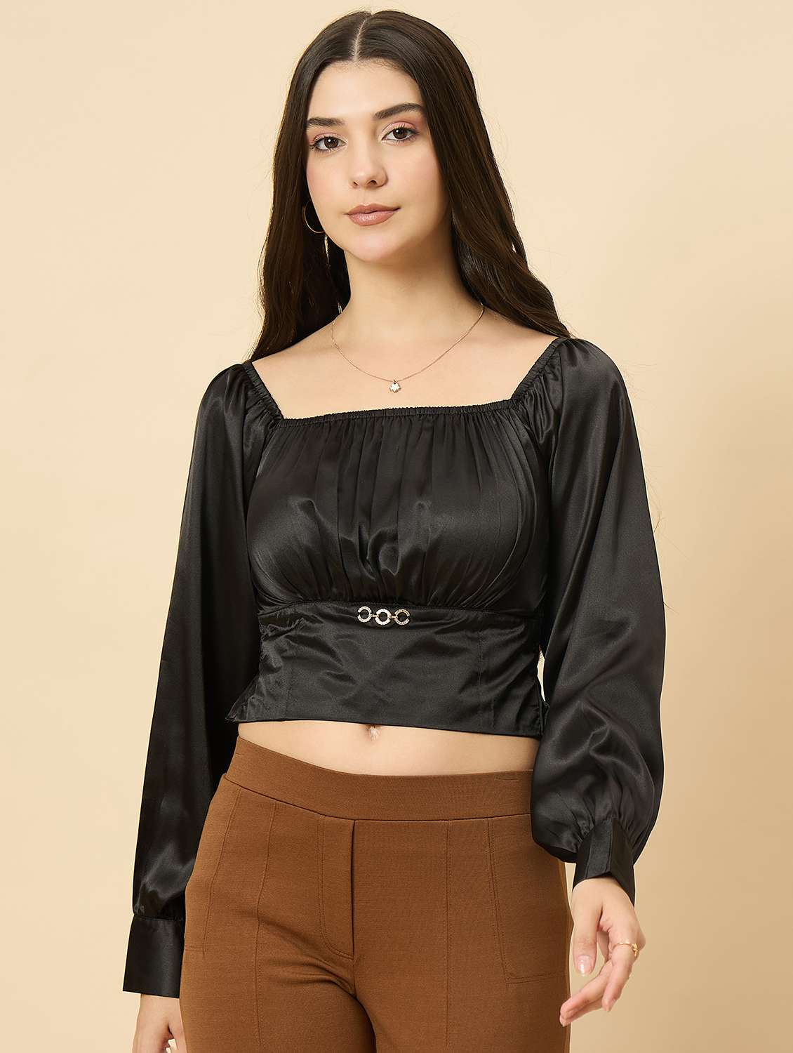 women black solid puff sleeve crop top - 22177792 -  Standard Image - 2