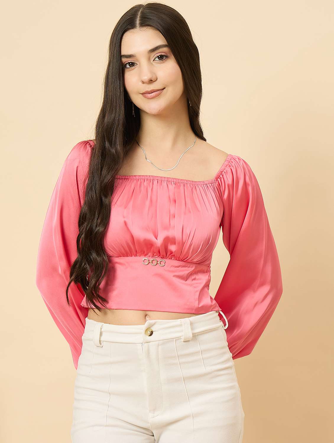 women pink solid puff sleeve crop top - 22177793 -  Standard Image - 2
