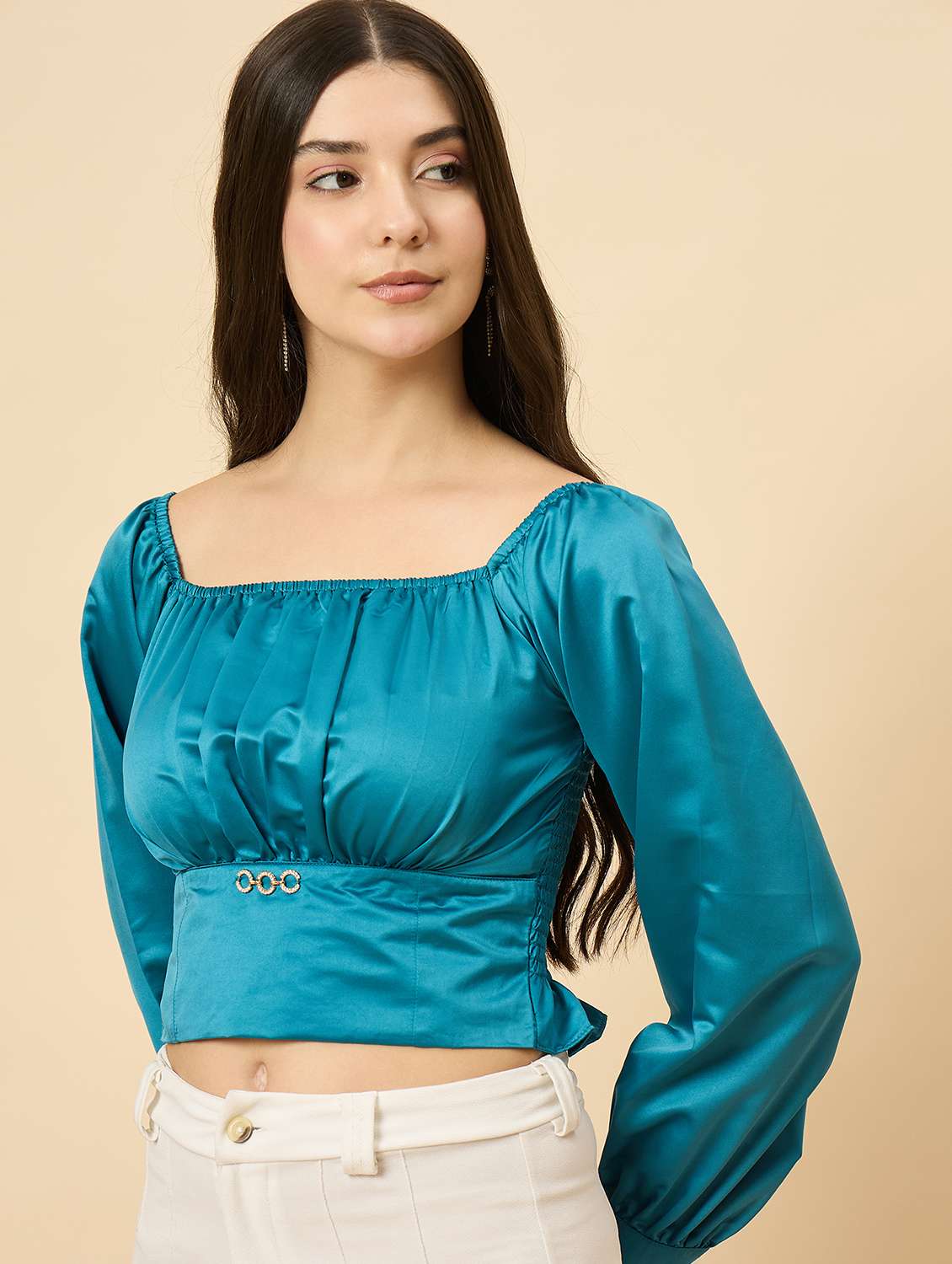 women turquoise solid puff sleeve crop top - 22177794 -  Standard Image - 2
