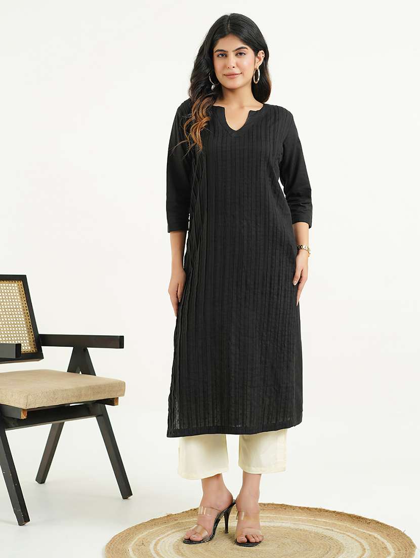 women solid three quarter sleeve straight kurta - 22177866 -  Standard Image - 2