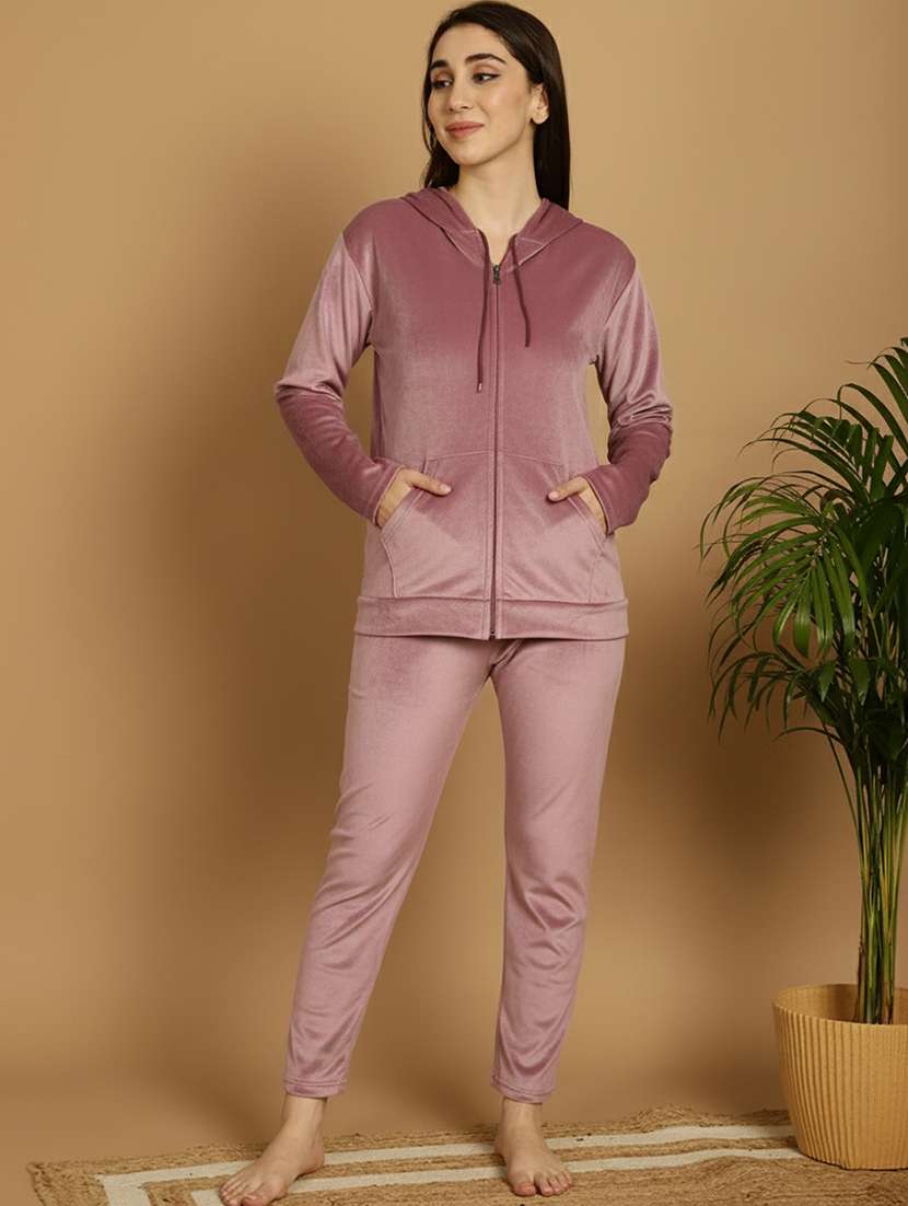 Women Solid Hooded Nightwear Pyjama Set - 22177873 -  Standard Image - 2