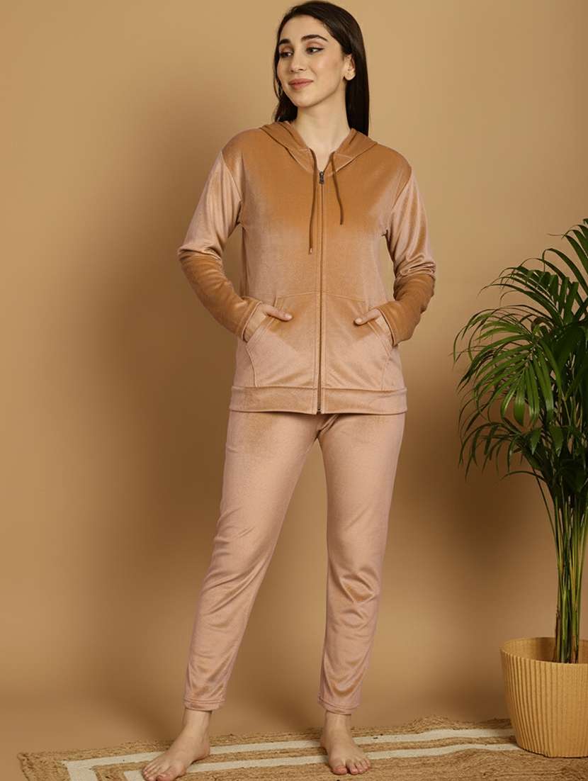 women solid hooded nightwear pyjama set - 22177877 -  Standard Image - 2