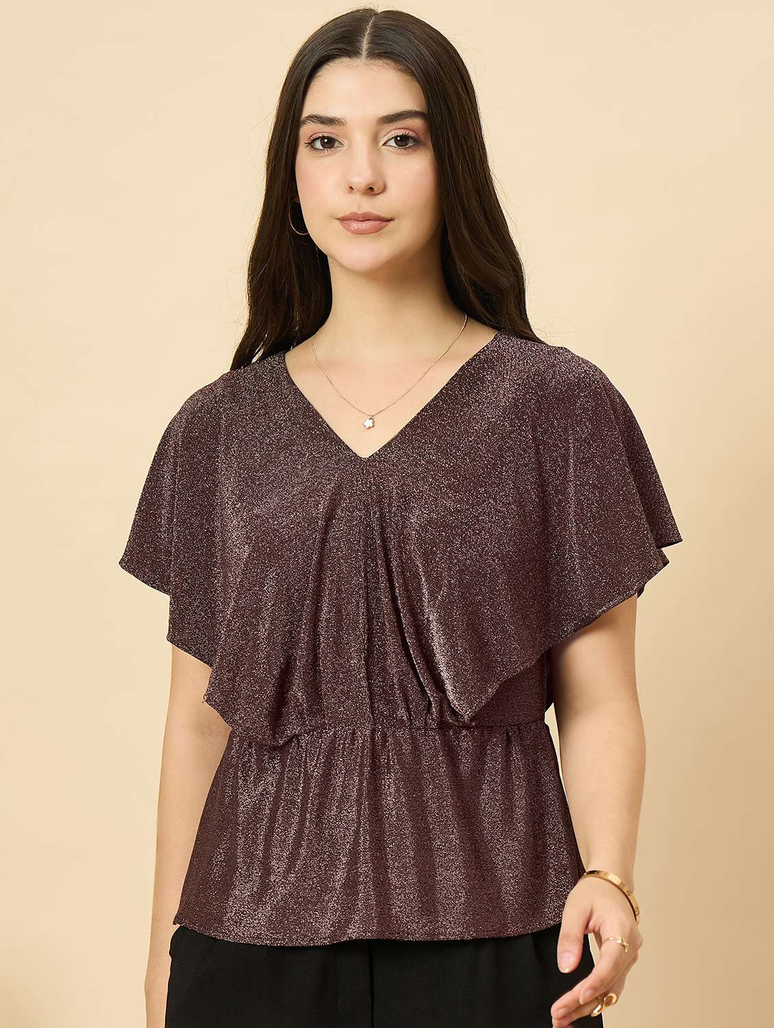 women brown solid batwing sleeve peplum top - 22177883 -  Standard Image - 2
