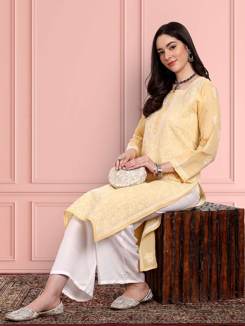 women solid with work three quarter sleeve straight kurta - 22177885 -  Standard Image - 2
