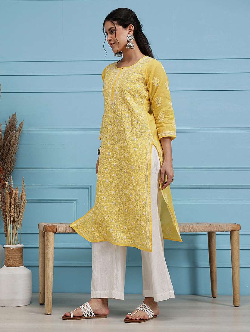 women solid with work three quarter sleeve straight kurta - 22177891 -  Standard Image - 2
