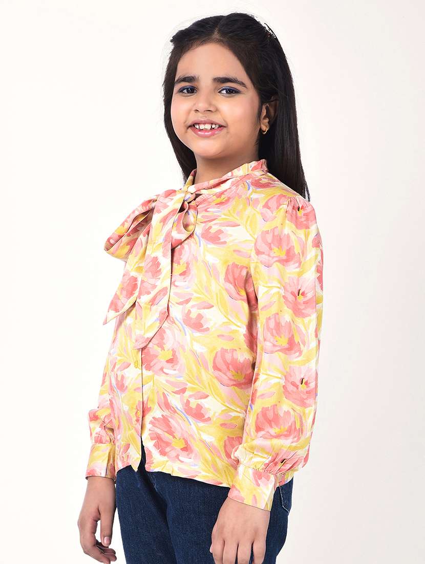 girls printed tie-up neck long sleeve top - 22177896 -  Standard Image - 2