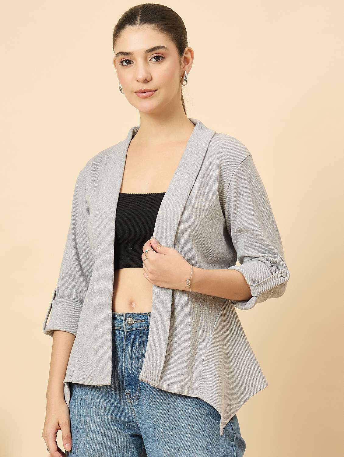 women solid long sleeve asymmetric shrug - 22177902 -  Standard Image - 2