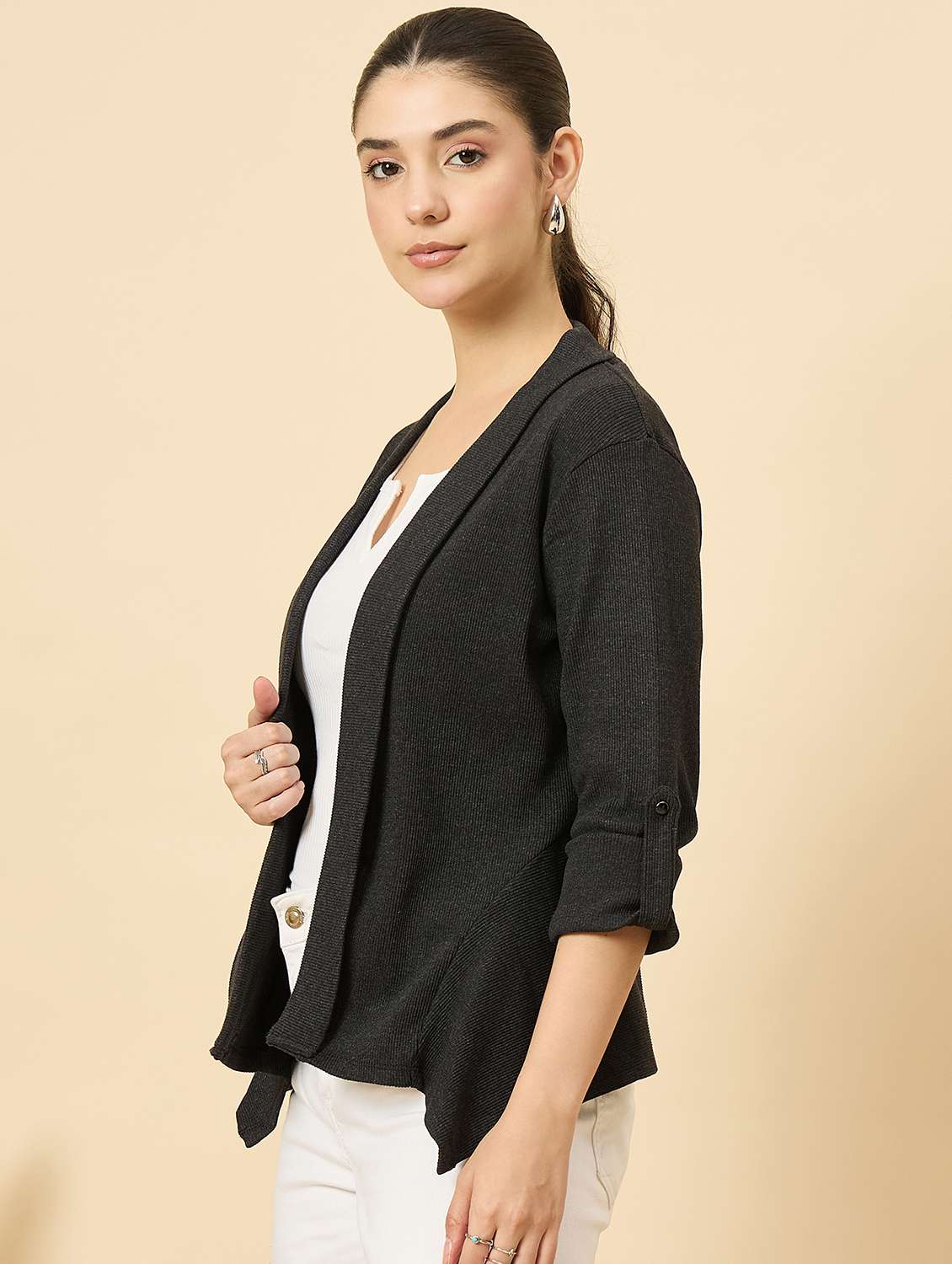 women solid long sleeve asymmetric shrug - 22177903 -  Standard Image - 2