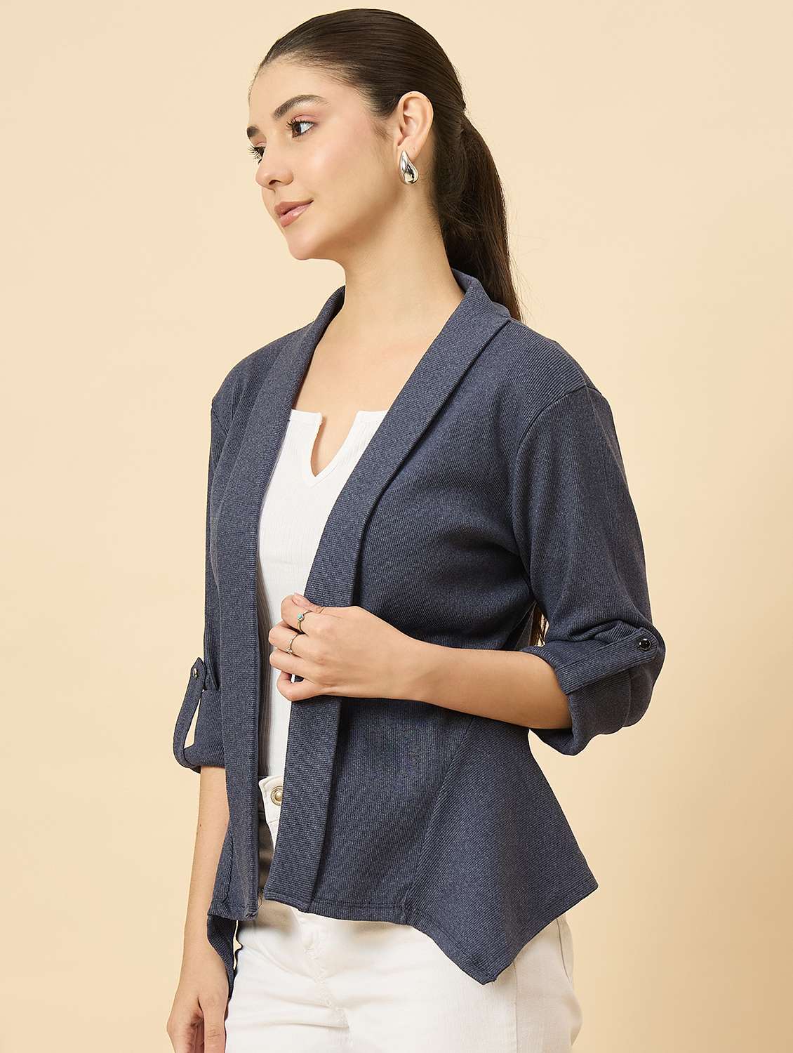 women solid long sleeve asymmetric shrug - 22177904 -  Standard Image - 2