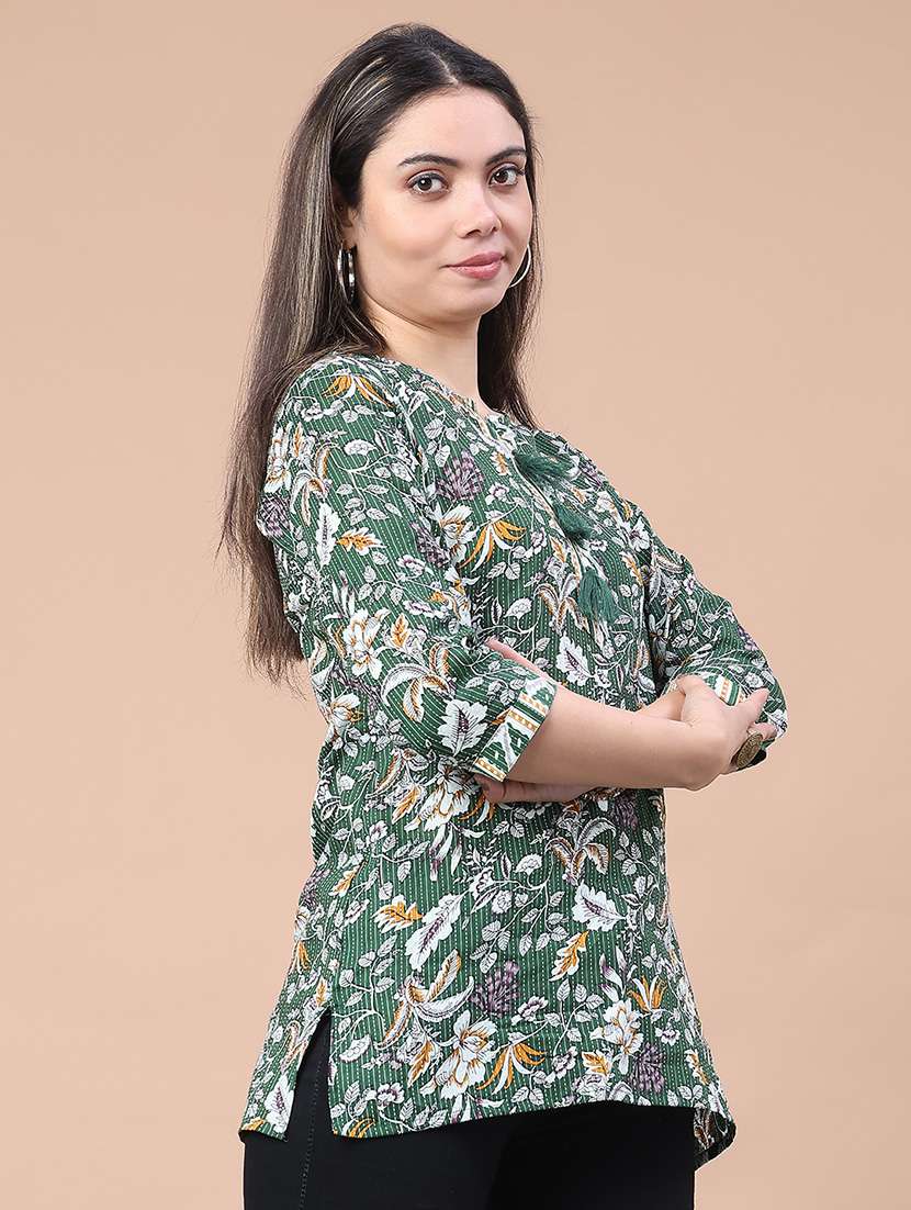women floral printed three quarter sleeve straight kurti - 22178064 -  Standard Image - 2