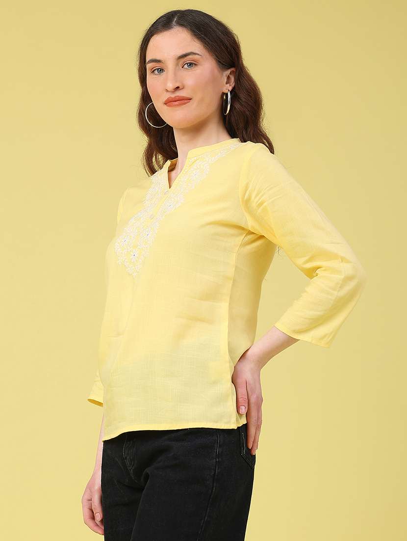 women solid with work three quarter sleeve straight kurti - 22178199 -  Standard Image - 2