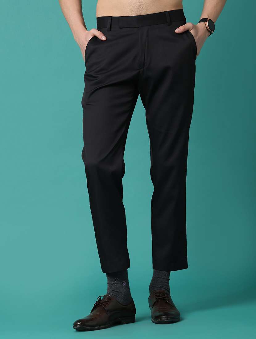 men solid mid rise slim fit formal trousers