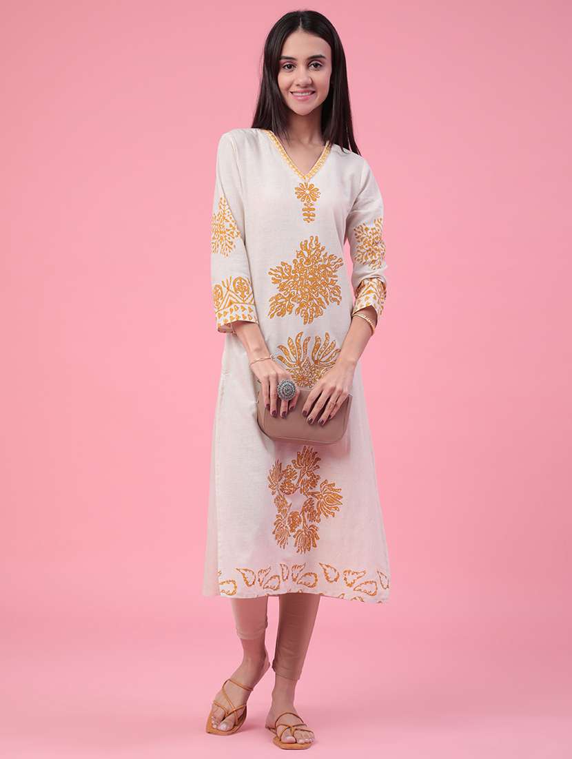 women printed three quarter sleeves straight kurta - 22178277 -  Standard Image - 2