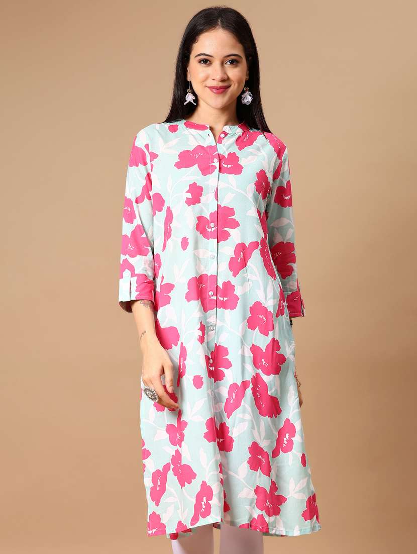 women floral printed three quarter sleeve straight kurta