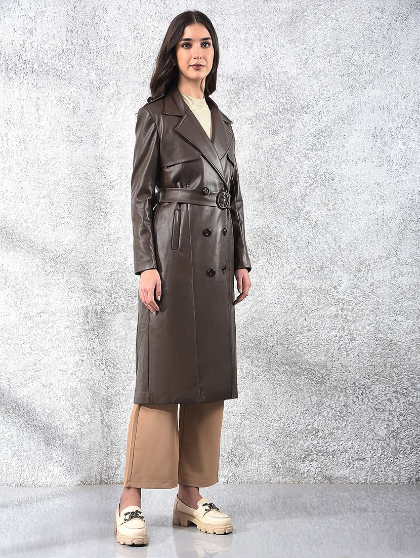 women brown solid long sleeve trench coat - 22178330 -  Standard Image - 2