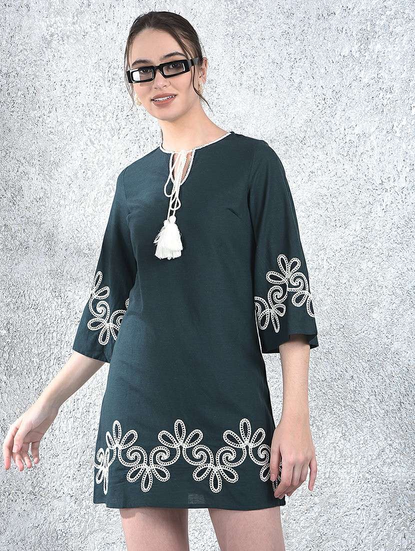 women embroidered bell sleeve a-line dress