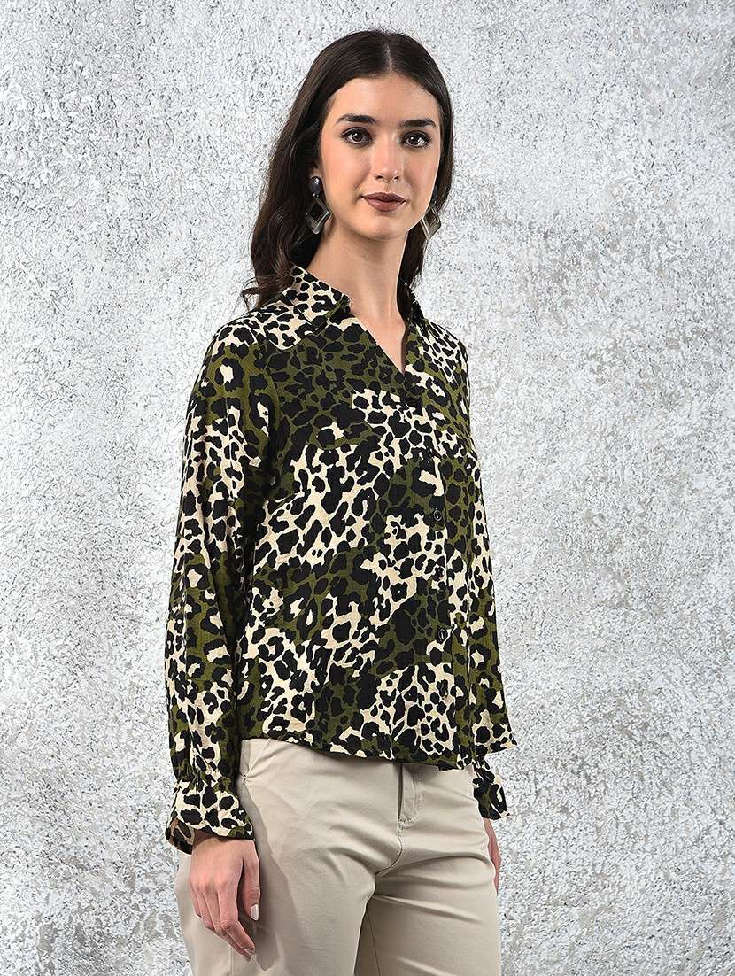 Women Animal Print Collared Long Sleeve Shirt - 22178353 -  Standard Image - 2