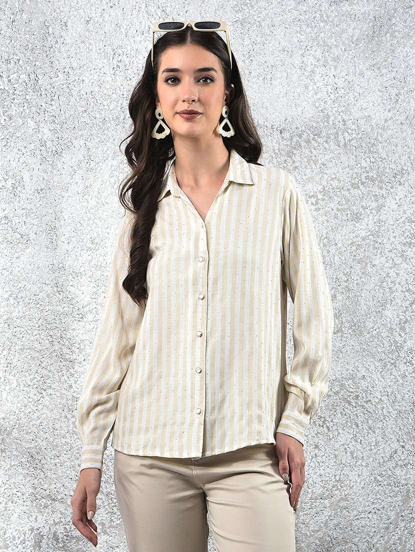 women striped collared long sleeve shirt