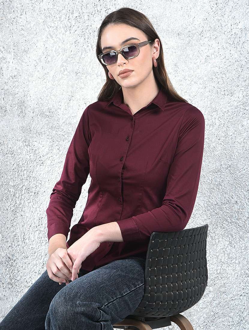 women solid collared long sleeve shirt