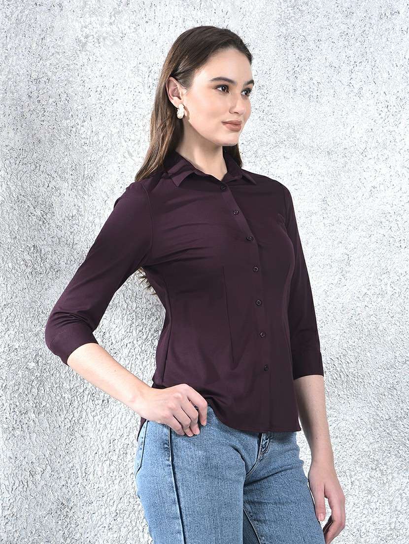 women solid collared three quarter sleeve shirt - 22178375 -  Standard Image - 2
