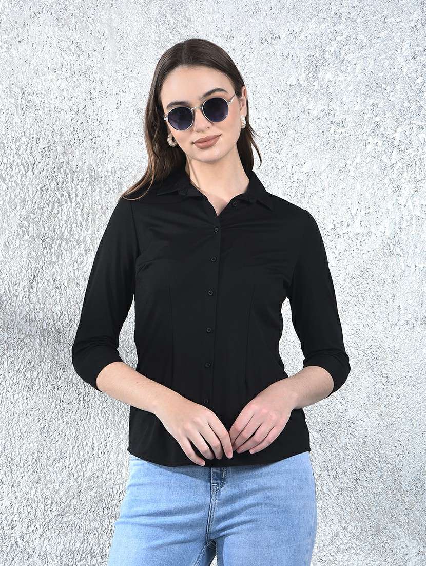 women solid collared three quarter sleeve shirt