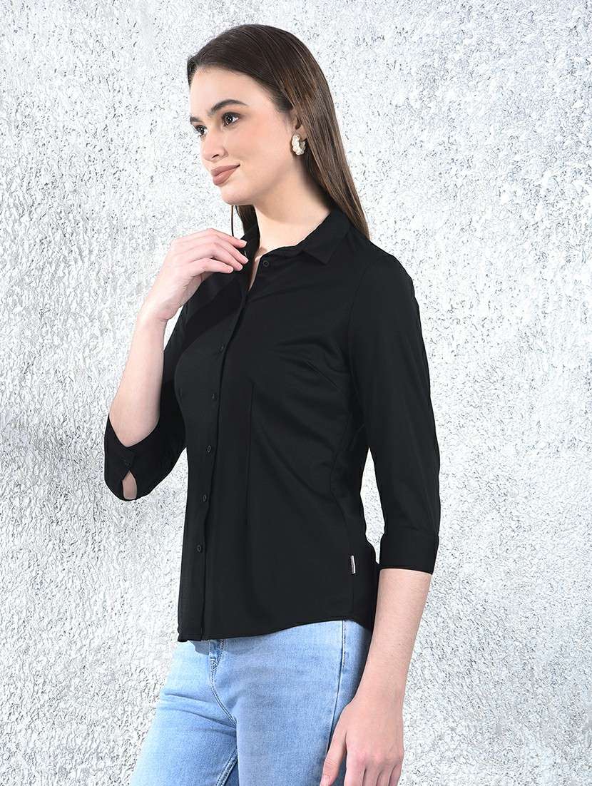 women solid collared three quarter sleeve shirt - 22178376 -  Standard Image - 2