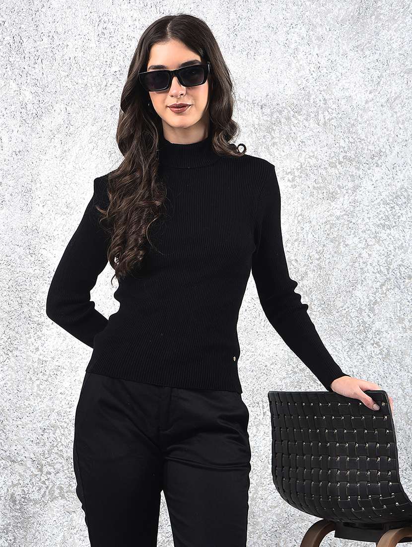 women solid mock neck long sleeve pullover