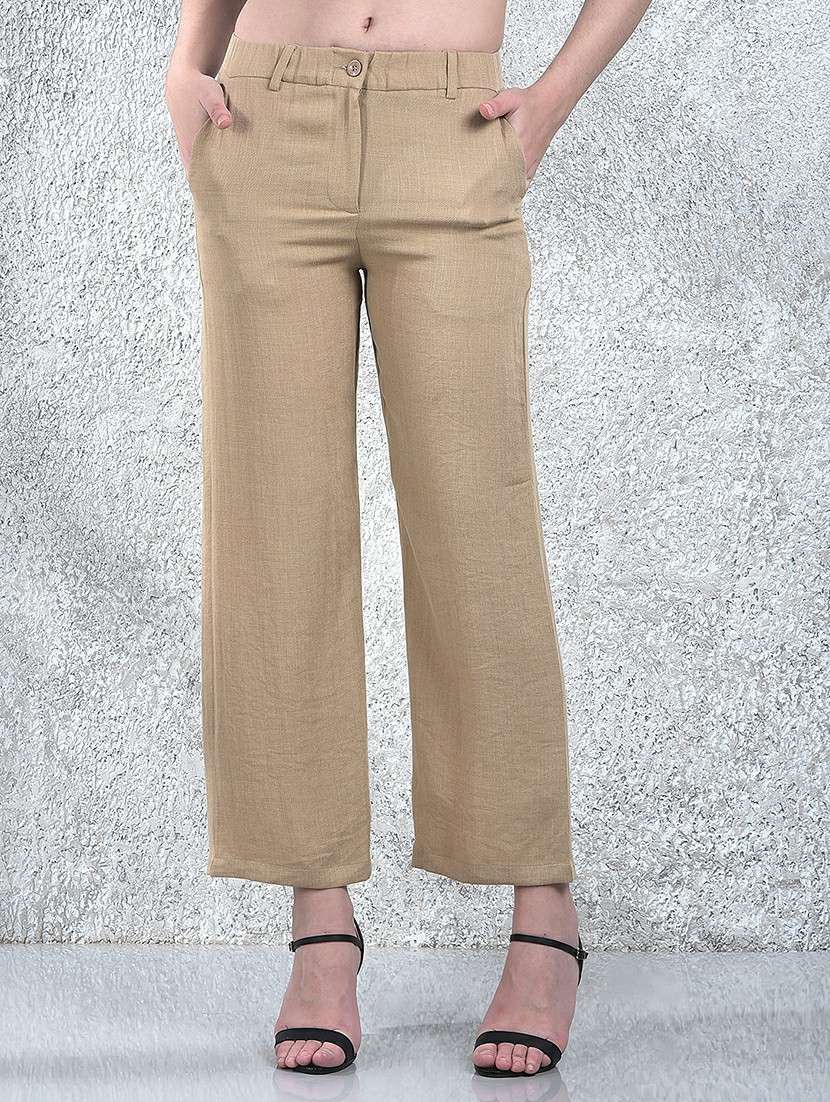 women solid mid rise straigh fit trouser