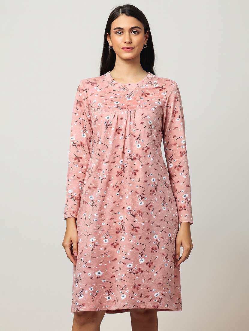 women peach printed long sleeve nighty - 22178416 -  Standard Image - 2