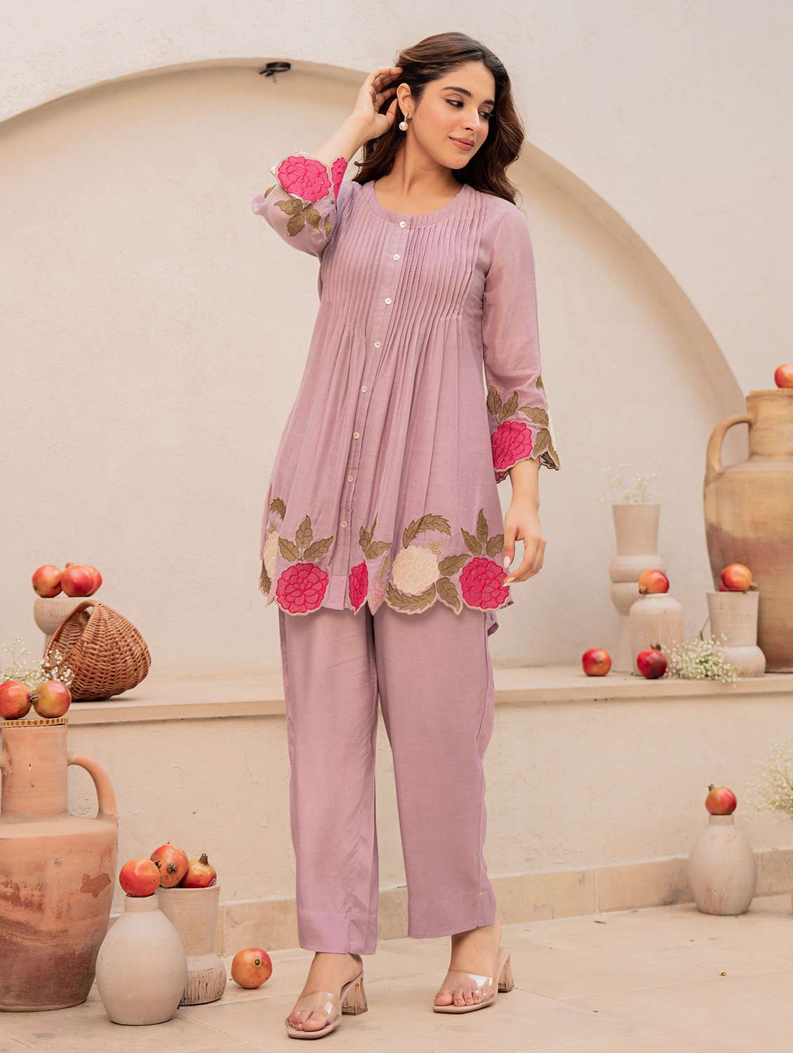 women solid with work three quarter sleeve ethnic co-ord set - 22178444 -  Standard Image - 2