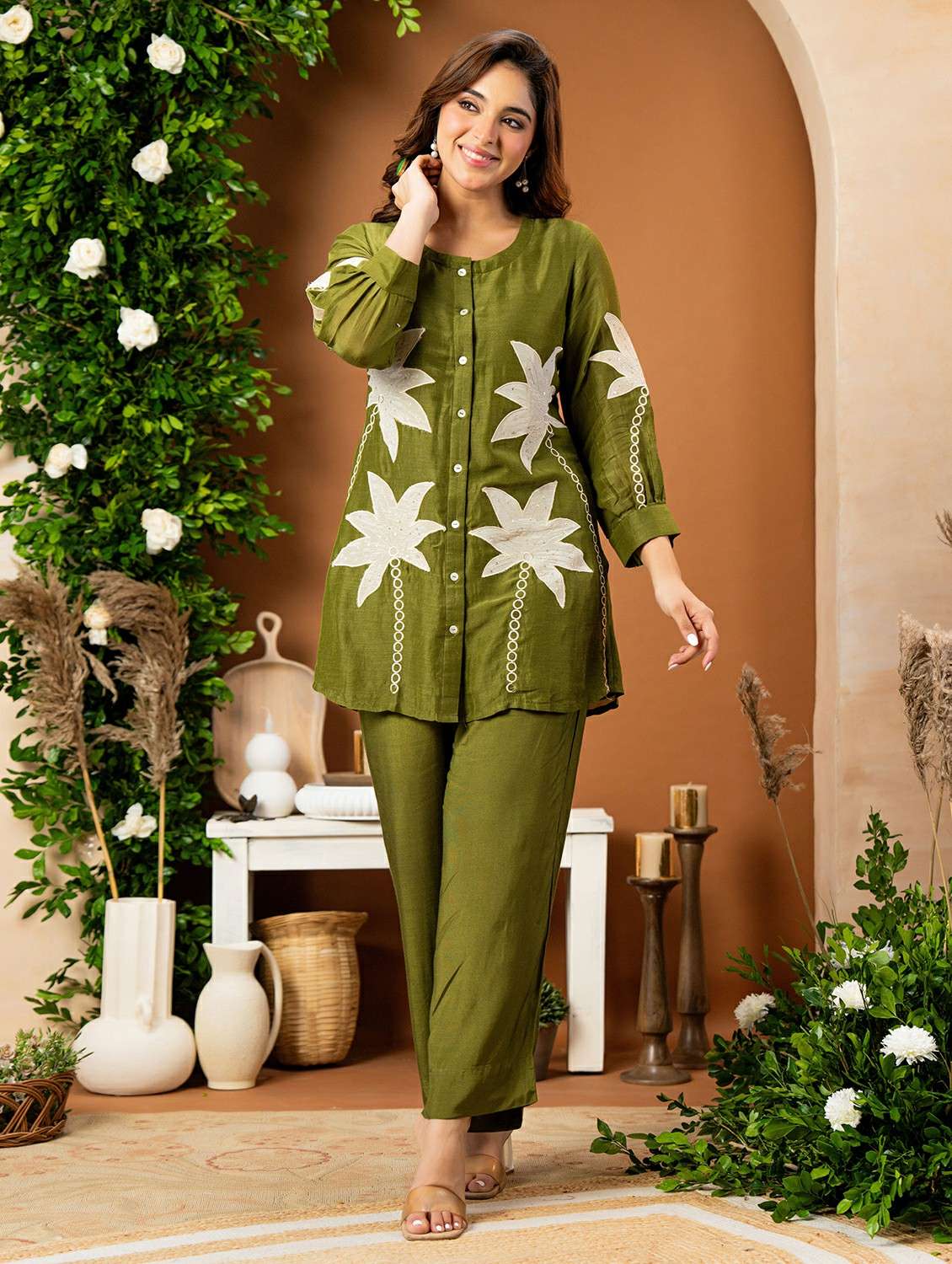 women solid with work three quarter sleeve ethnic co-ord set