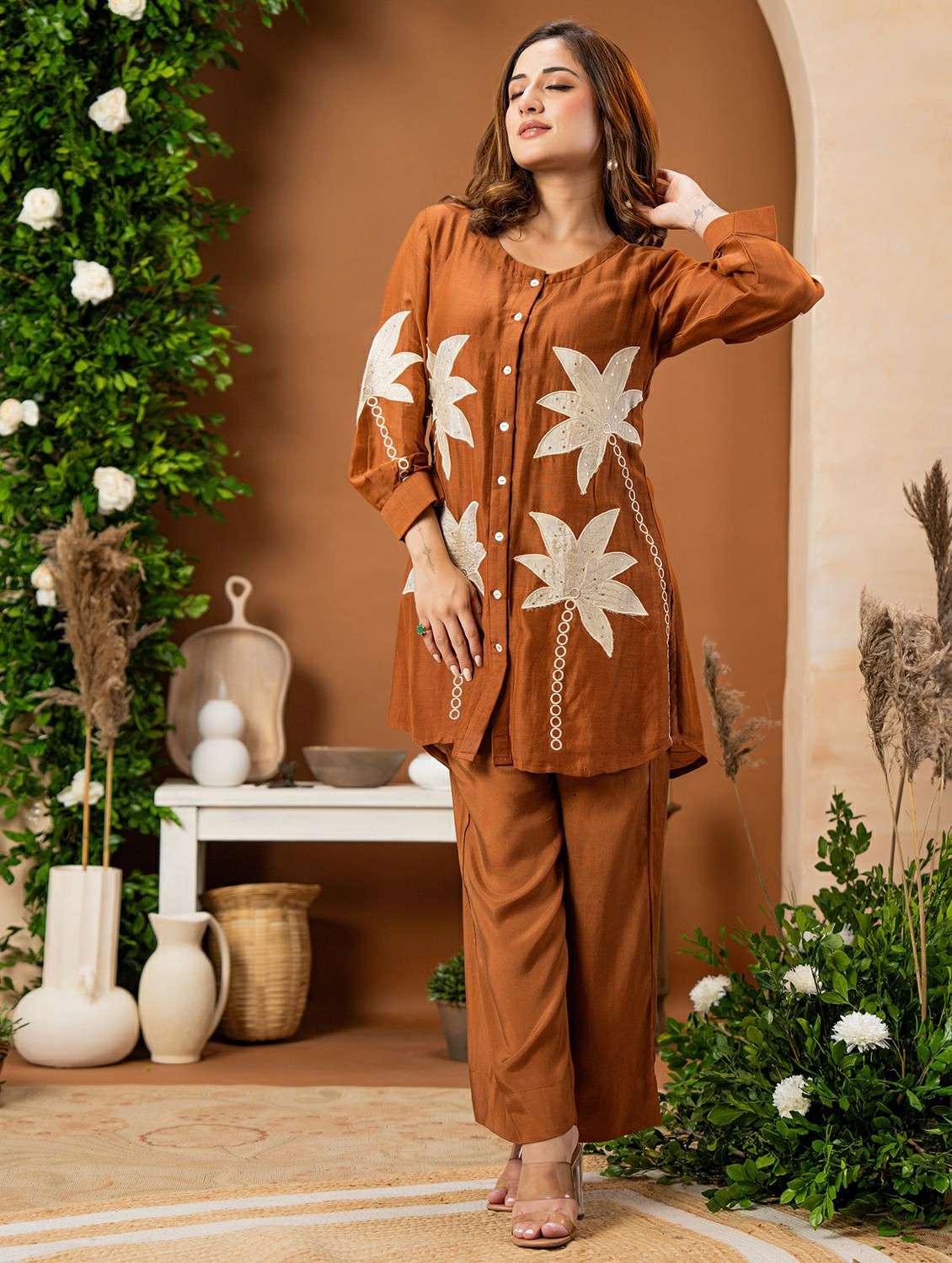 women solid with work three quarter sleeve ethnic co-ord set - 22178446 -  Standard Image - 2