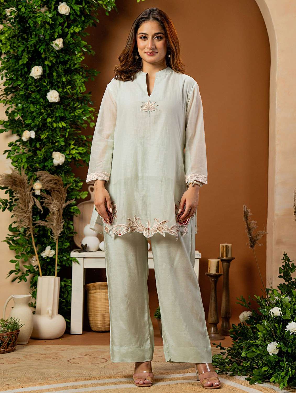 women solid with work three quarter sleeve ethnic co-ord set - 22178447 -  Standard Image - 2