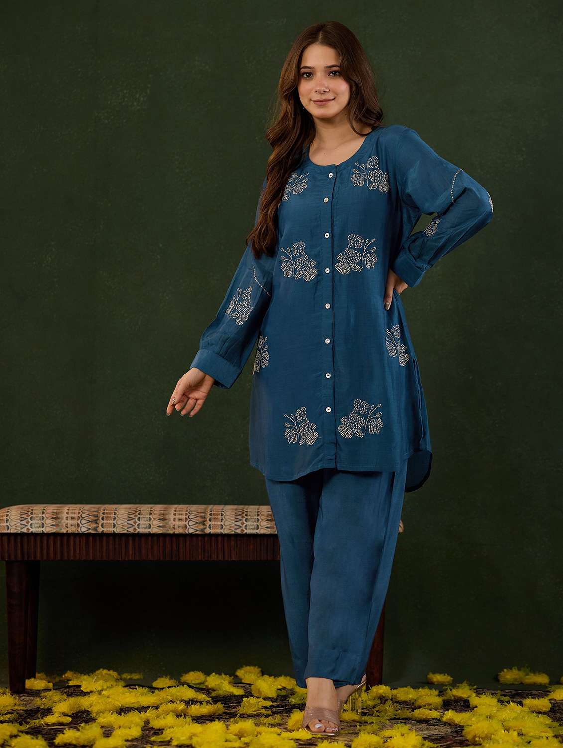 women solid with work long sleeve ethnic co-ord set - 22178449 -  Standard Image - 2