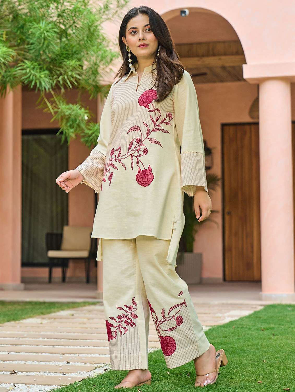 women solid with work long sleeve ethnic co-ord set - 22178451 -  Standard Image - 2