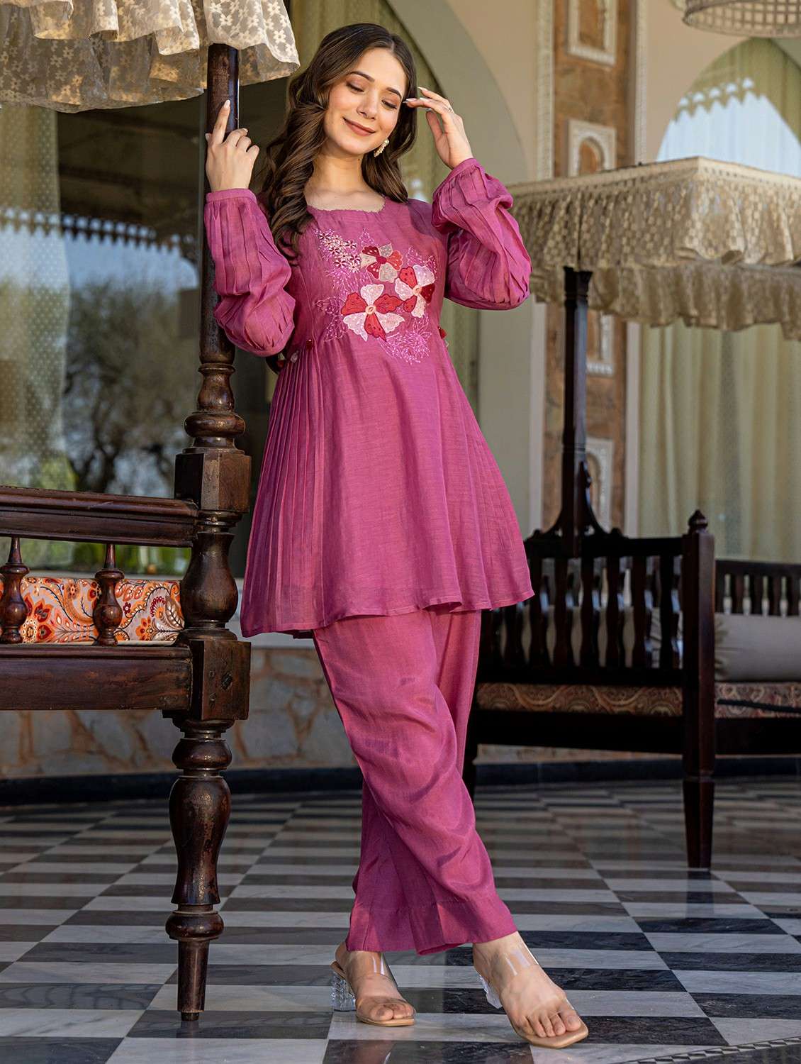 women solid with work long sleeve ethnic co-ord set - 22178455 -  Standard Image - 2