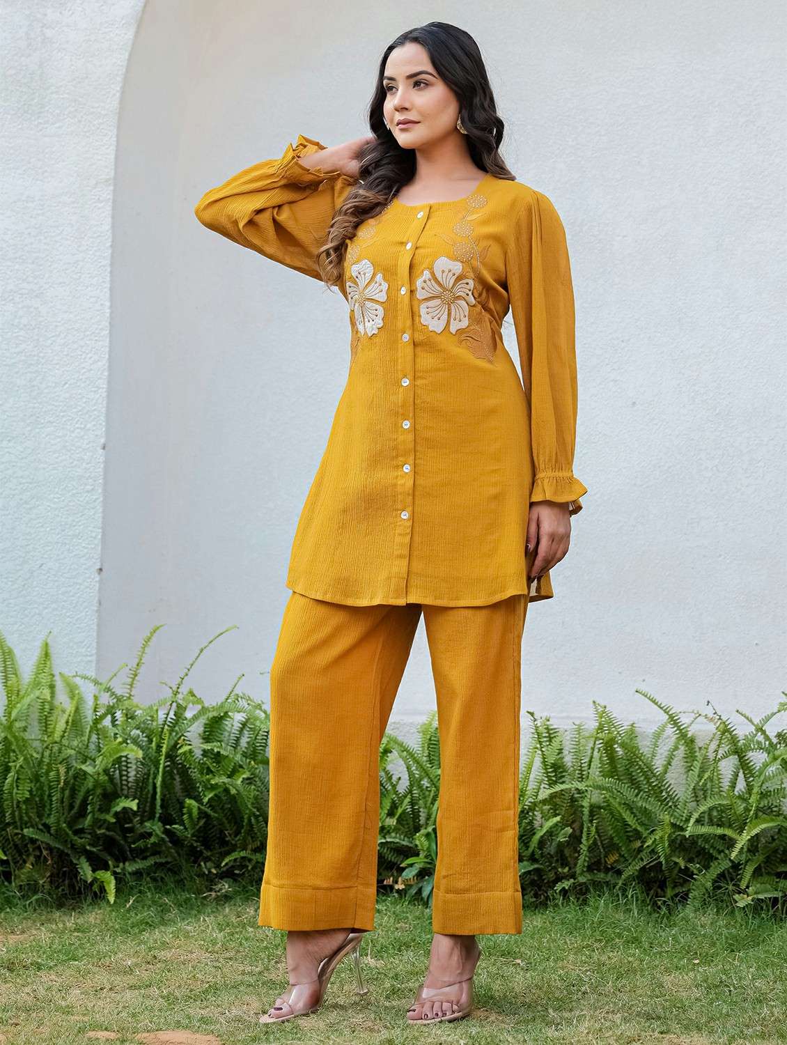 women solid with work long sleeve ethnic co-ord set - 22178457 -  Standard Image - 2