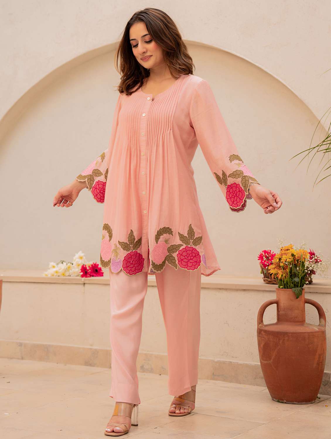 women solid with work long sleeve ethnic co-ord set - 22178458 -  Standard Image - 2