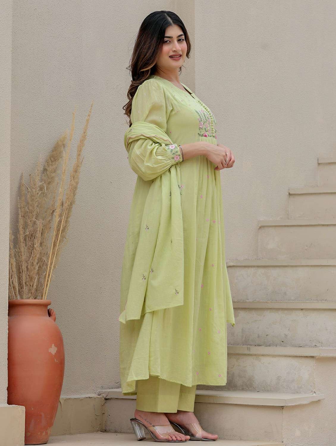 women embroidered puff sleeve kurta pant with dupatta set - 22178474 -  Standard Image - 2