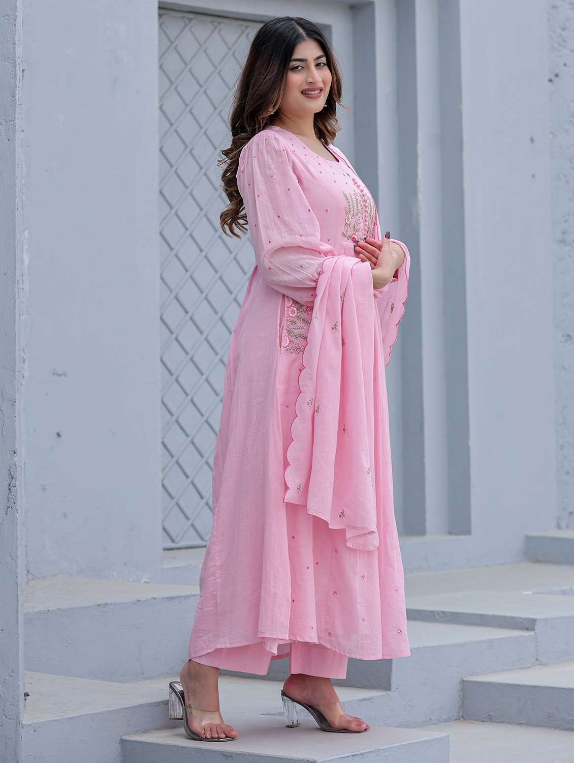 women embroidered puff sleeve kurta pant with dupatta set - 22178475 -  Standard Image - 2