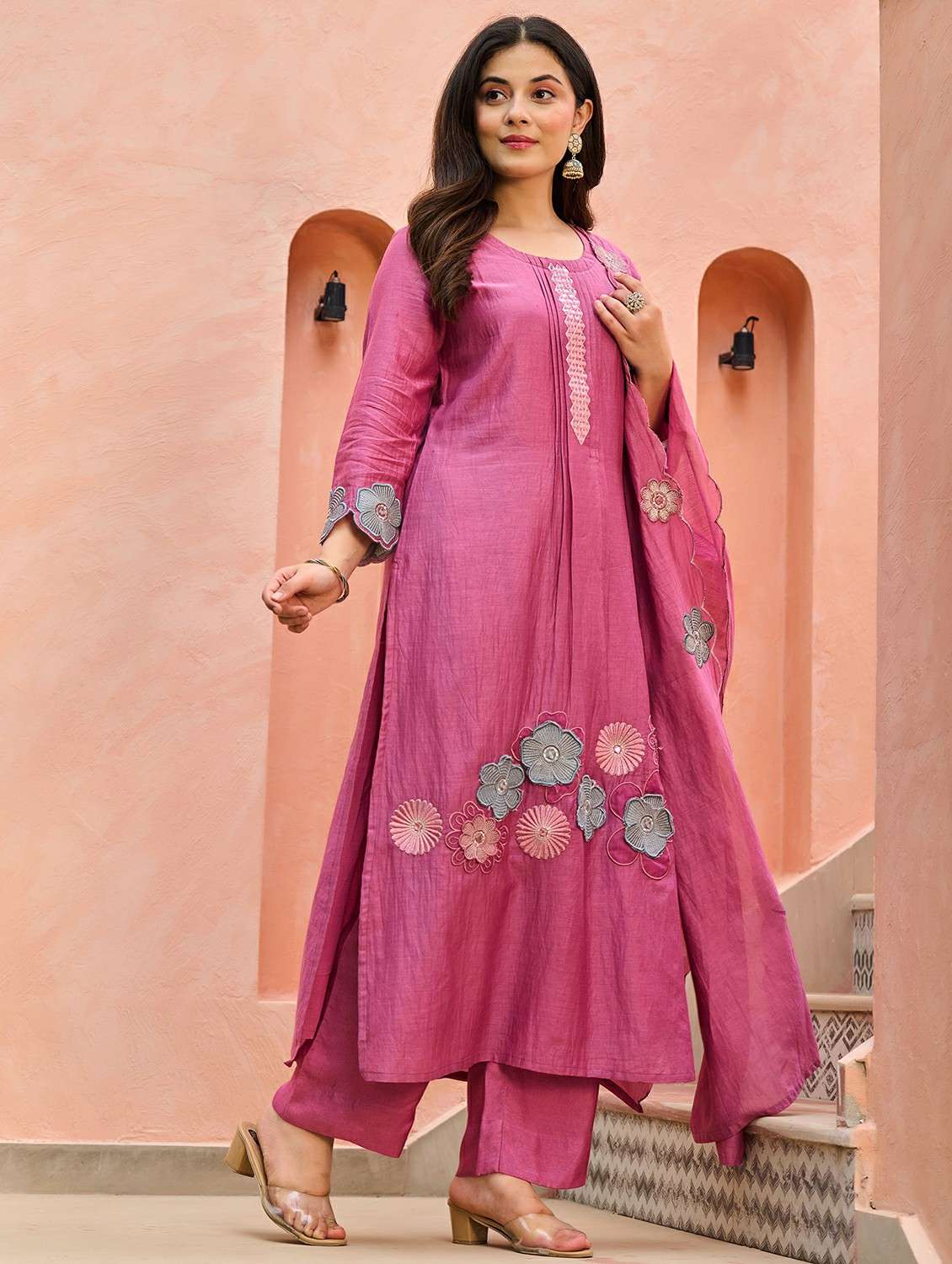 women embroidered three quarter sleeve kurta pant with dupatta set - 22178481 -  Standard Image - 2