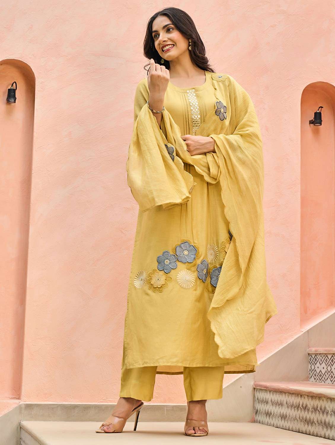 women embroidered three quarter sleeve kurta pant with dupatta set - 22178482 -  Standard Image - 2