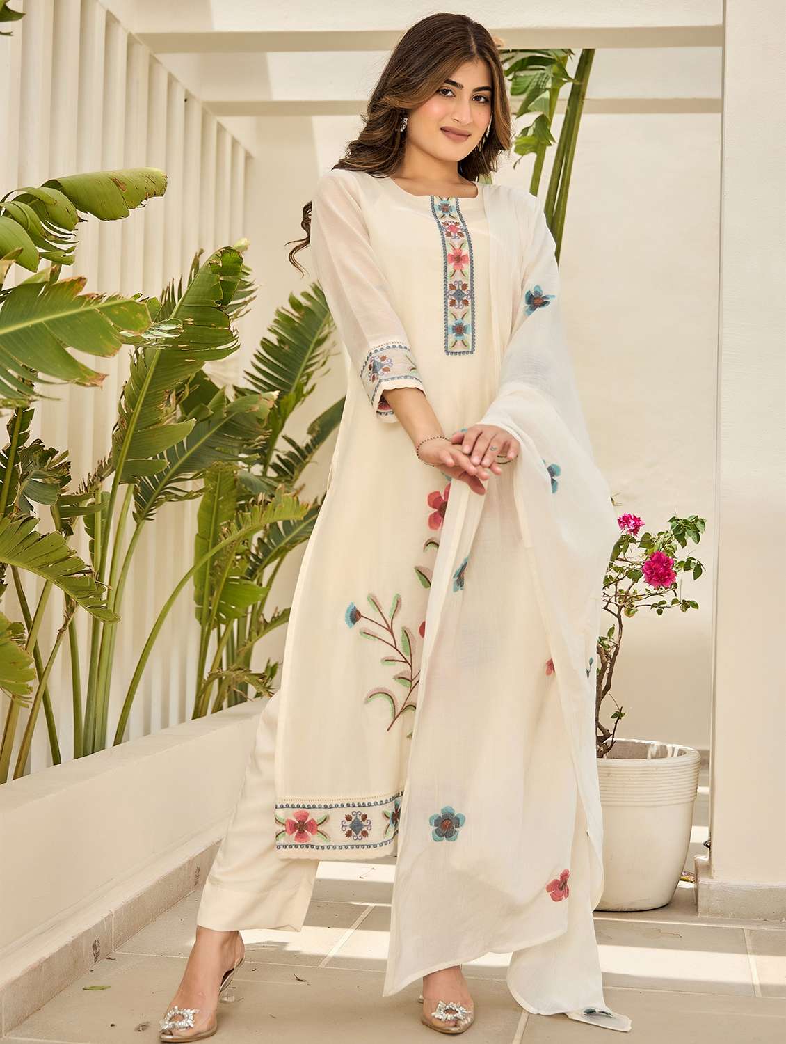women embroidered three quarter sleeve kurta pant with dupatta set - 22178483 -  Standard Image - 2