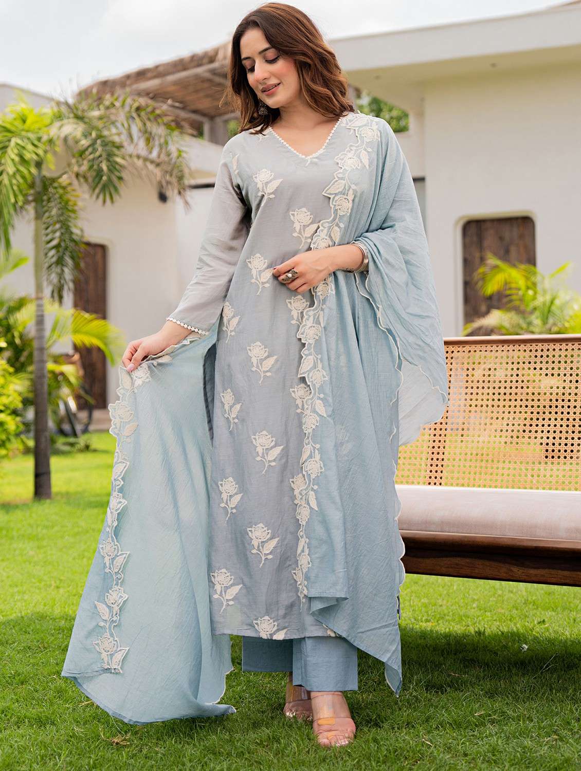 women embroidered three quarter sleeve kurta pant with dupatta set - 22178489 -  Standard Image - 2