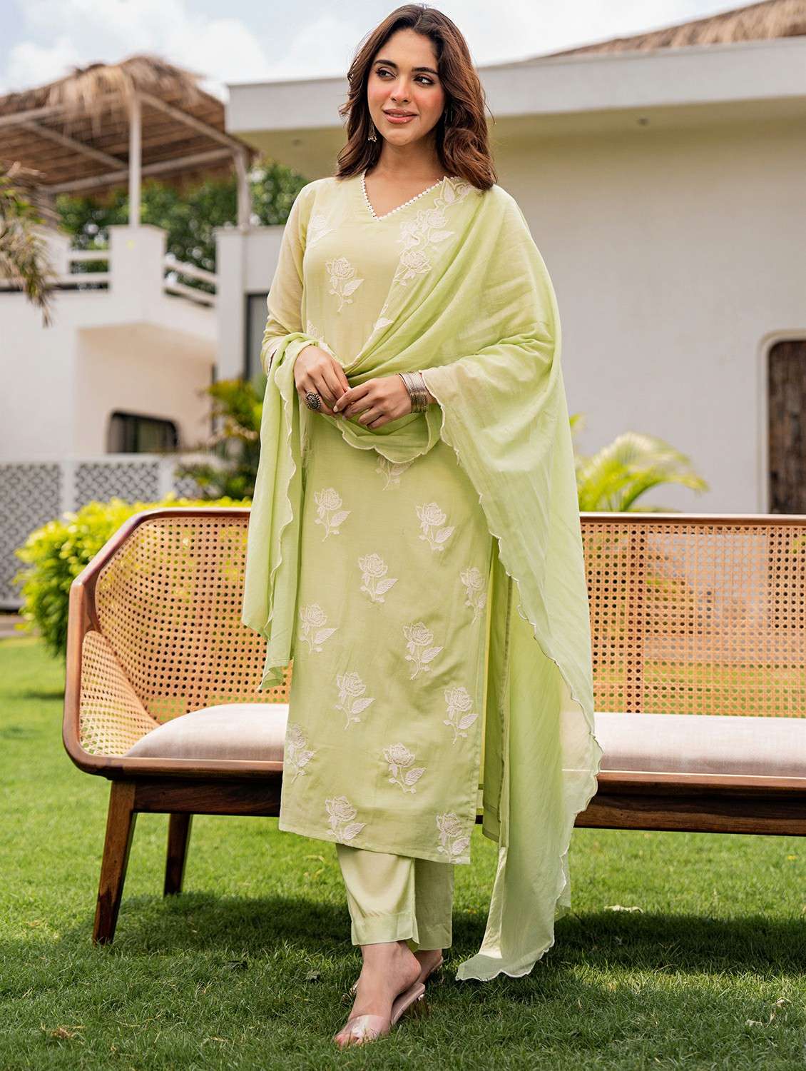 women embroidered three quarter sleeve kurta pant with dupatta set - 22178490 -  Standard Image - 2