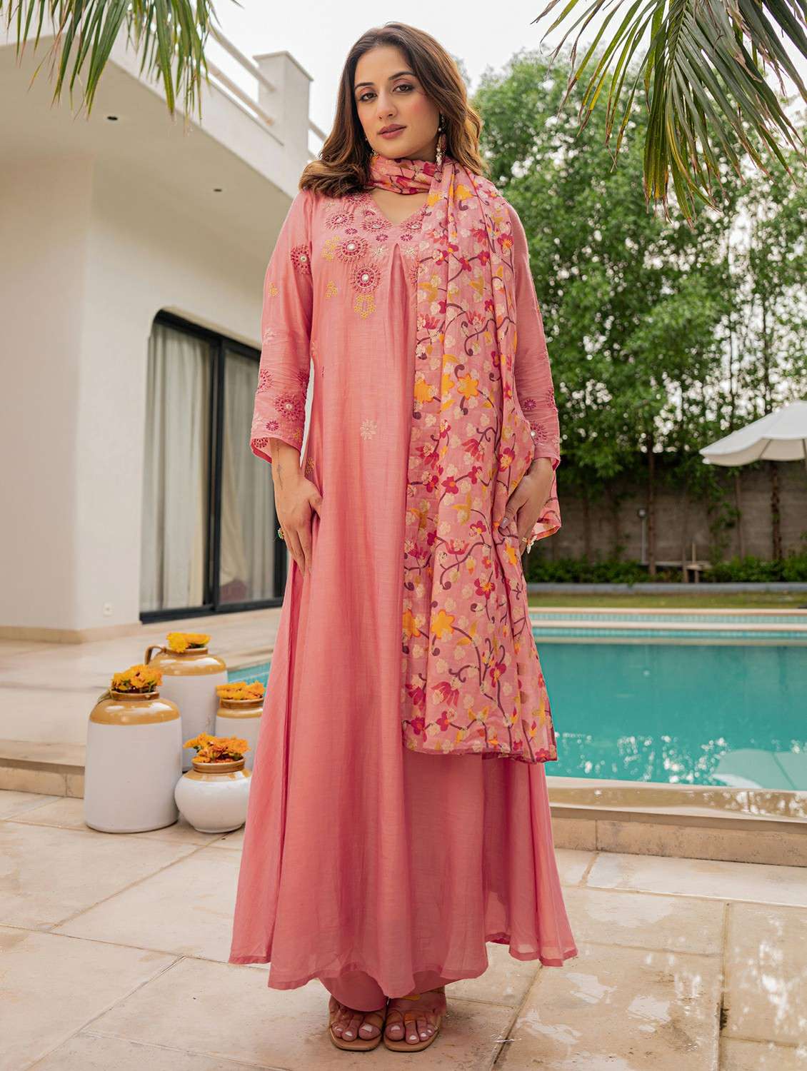 women embroidered three quarter sleeve kurta pant with dupatta set - 22178492 -  Standard Image - 2