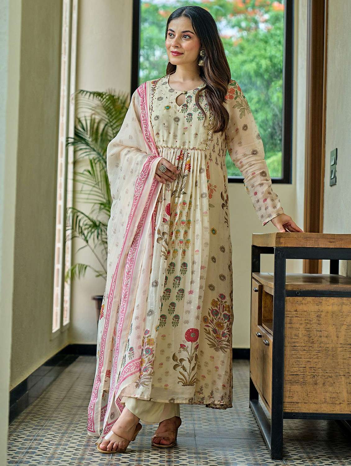 women embroidered three quarter sleeve kurta pant with dupatta set - 22178494 -  Standard Image - 2
