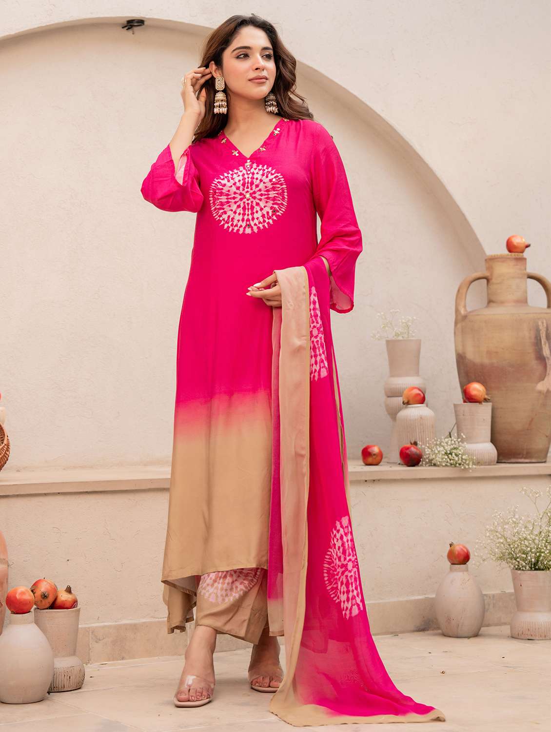 women embroidered three quarter sleeve kurta pant with dupatta set - 22178501 -  Standard Image - 2