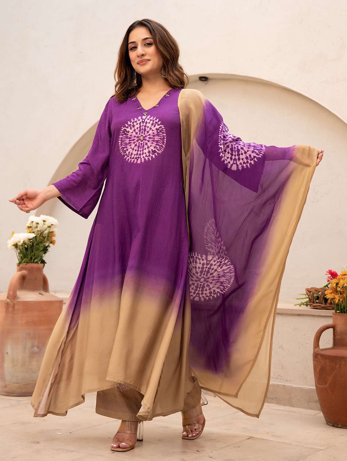 women embroidered three quarter sleeve kurta pant with dupatta set