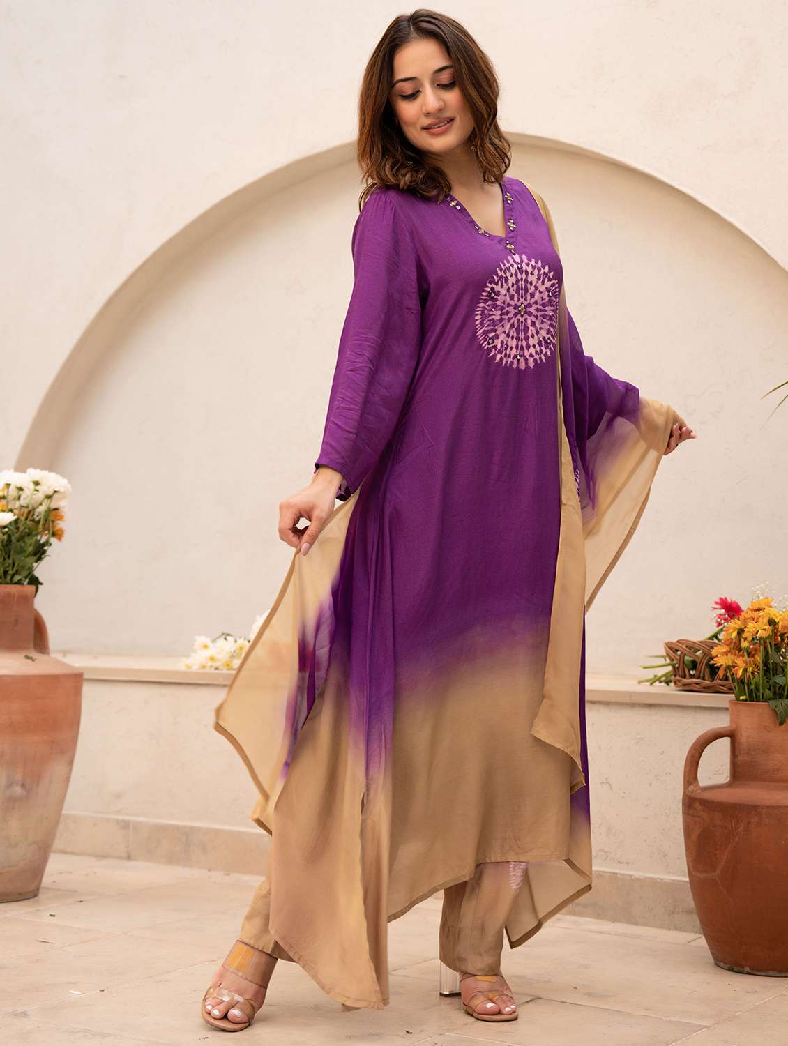 women embroidered three quarter sleeve kurta pant with dupatta set - 22178502 -  Standard Image - 2